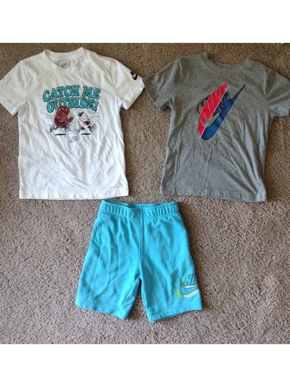 Nike Kids Size 7 3-Piece Bundle Tee & Shorts Set - White, Gray & Turquoise